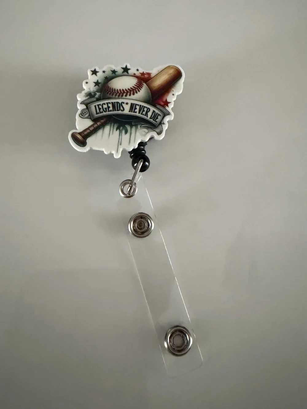 Legends Never Die Baseball Badge Reel - White, Brown, Red